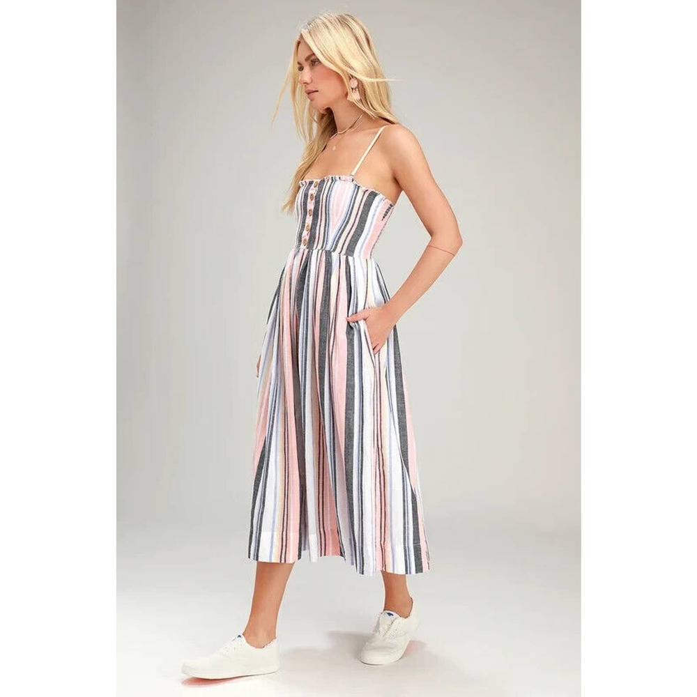 Free People Lilah Striped Printed Smocked Button Pleated Tube Midi Dress Size XS - Picture 13 of 13